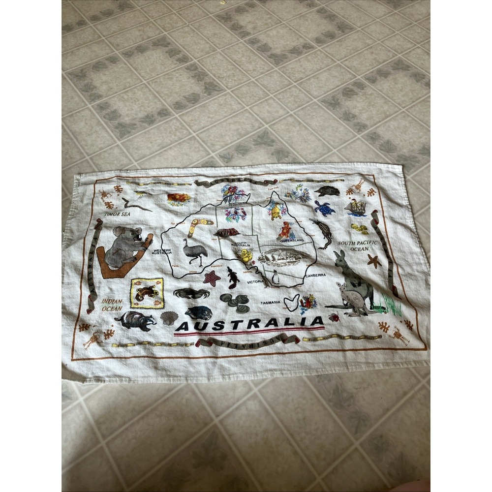 Australia Animals Flowers Map Souvenir Tea Towel Pure Linen 17.5 X 28.5 White